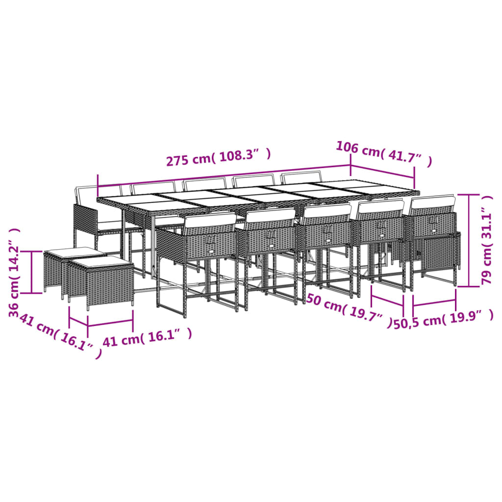 Set da Pranzo da Giardino 15 pz con Cuscini Marrone Polyrattan