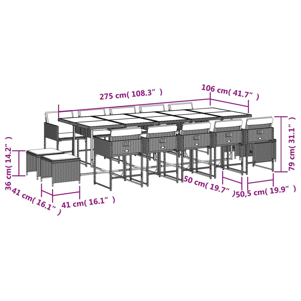 Set da Pranzo da Giardino 15 pz con Cuscini Nero in Polyrattan