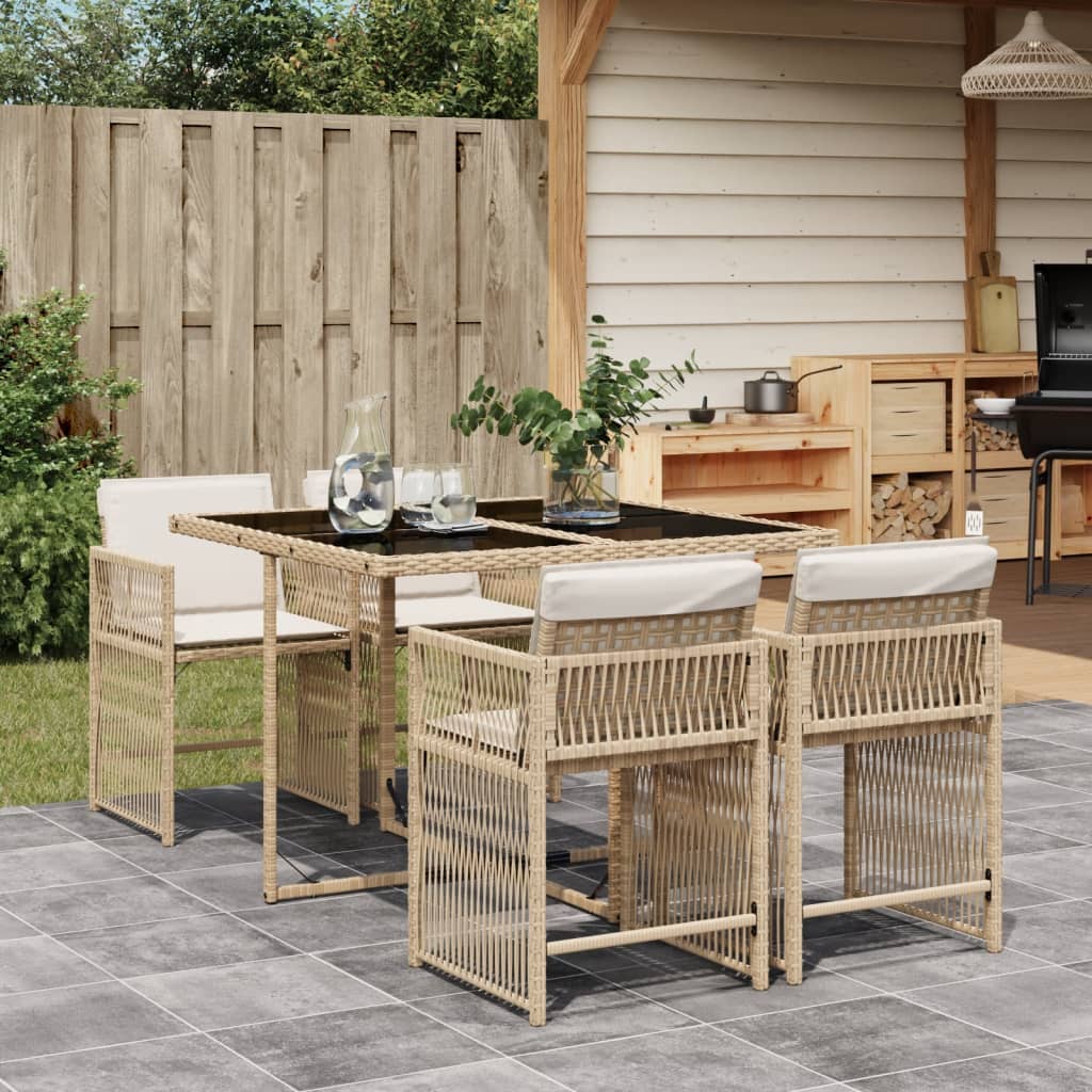 Set da Pranzo da Giardino 5 pz con Cuscini Beige in Polyrattan