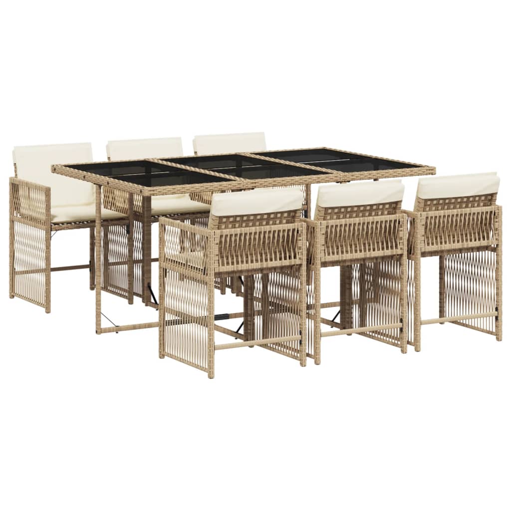 Set da Pranzo da Giardino 7 pz con Cuscini Beige in Polyrattan