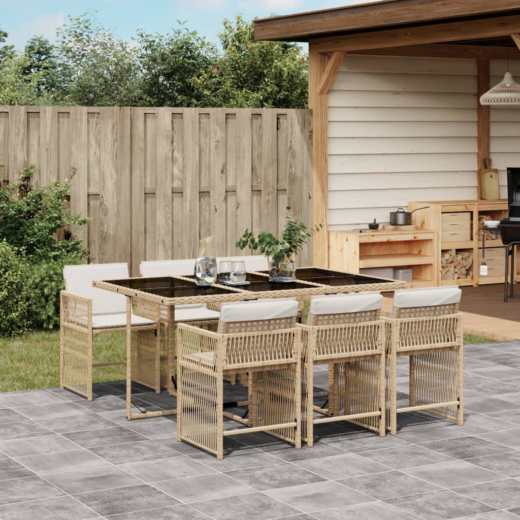 Set da Pranzo da Giardino 7 pz con Cuscini Beige in Polyrattan