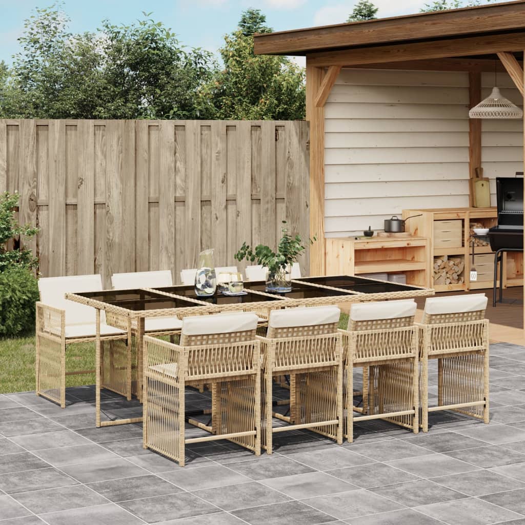 Set da Pranzo da Giardino 9 pz con Cuscini Beige in Polyrattan