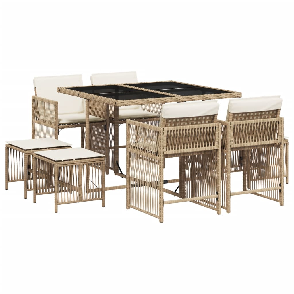 Set da Pranzo da Giardino 9 pz con Cuscini Beige in Polyrattan