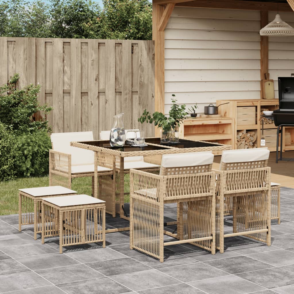 Set da Pranzo da Giardino 9 pz con Cuscini Beige in Polyrattan