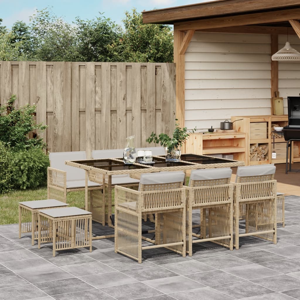 Set da Pranzo da Giardino 11 pz con Cuscini Beige in Polyrattan