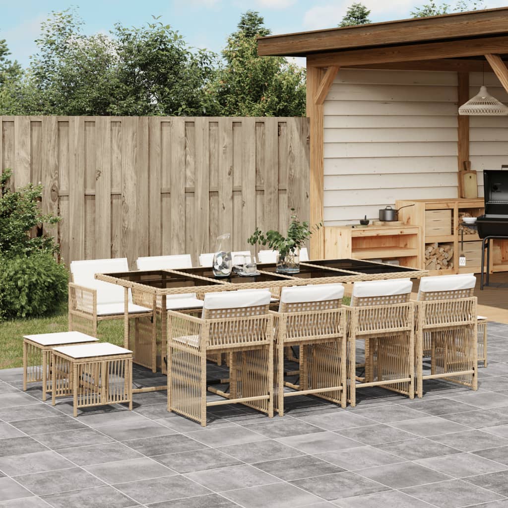 Set da Pranzo da Giardino 13 pz con Cuscini Beige in Polyrattan