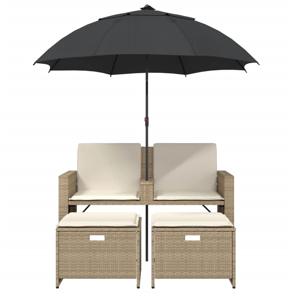 Divano Giardino 2Posti Ombrellone e Sgabelli Beige Polyrattan