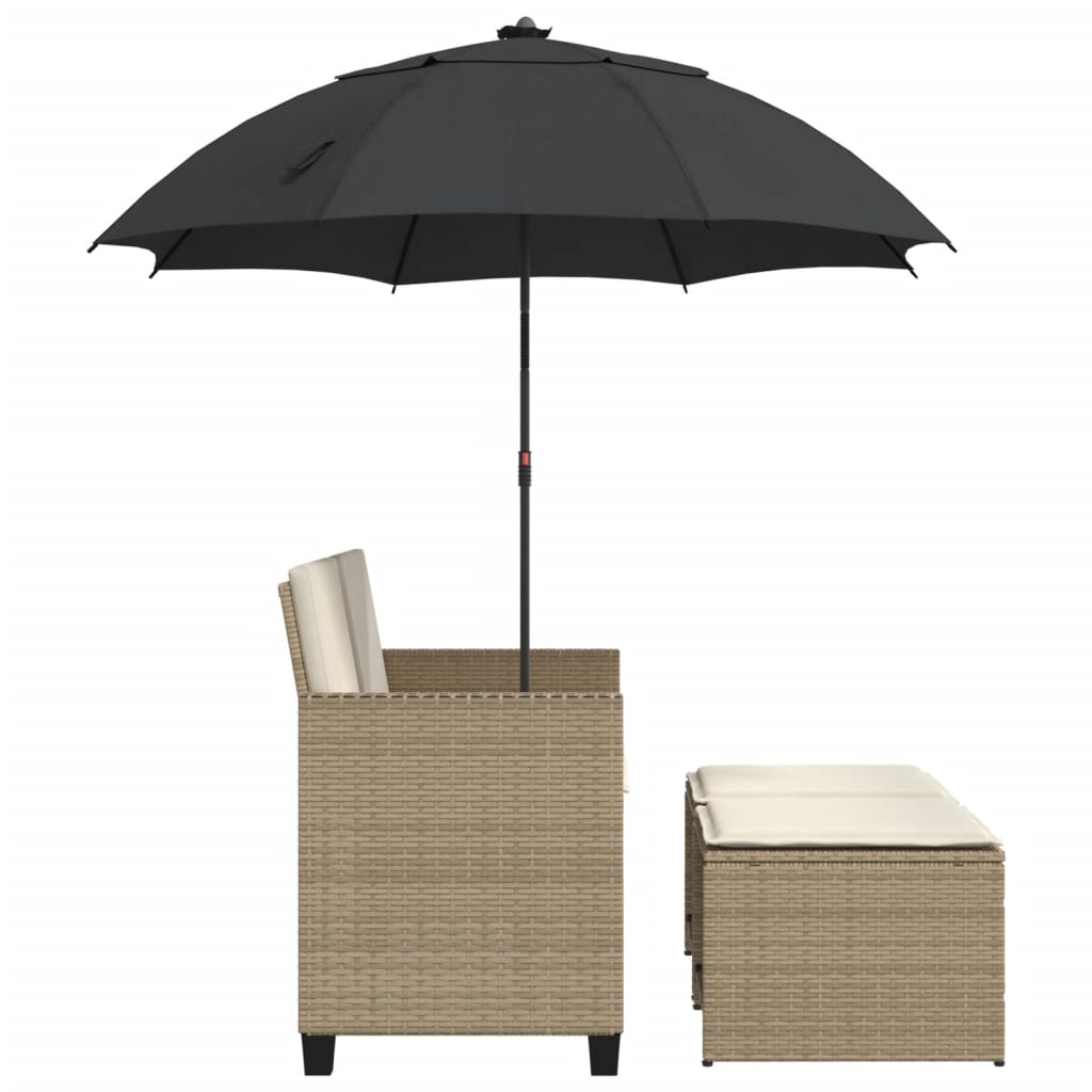 Divano Giardino 2Posti Ombrellone e Sgabelli Beige Polyrattan