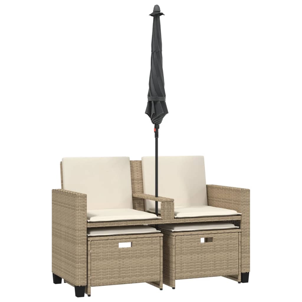 Divano Giardino 2Posti Ombrellone e Sgabelli Beige Polyrattan