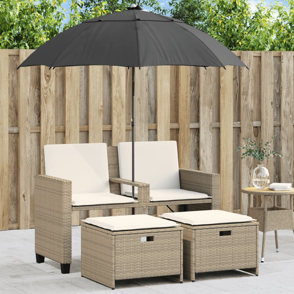 Divano Giardino 2Posti Ombrellone e Sgabelli Beige Polyrattan