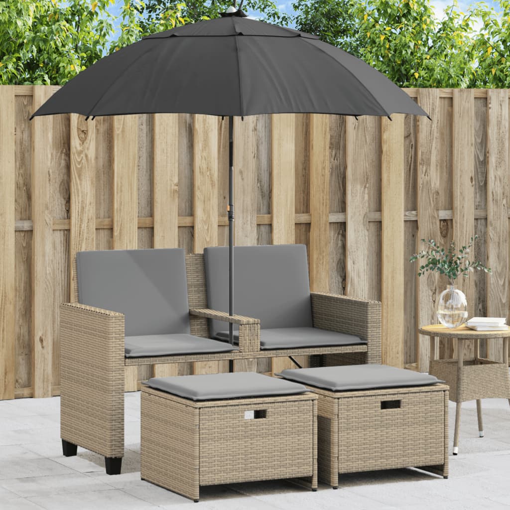 Divano Giardino 2Posti Ombrellone e Sgabelli Beige Polyrattan