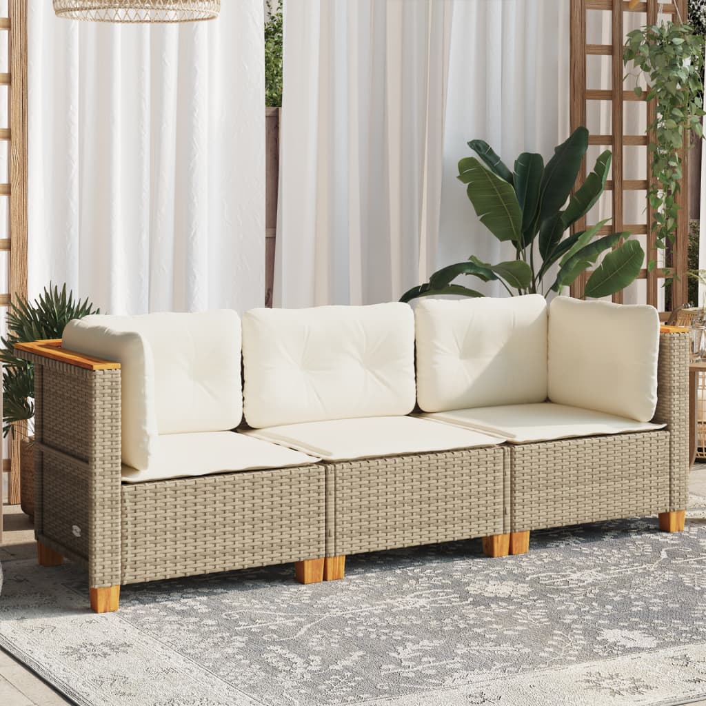 Divano da Giardino con Cuscini a 3 Posti Beige in Polyrattan