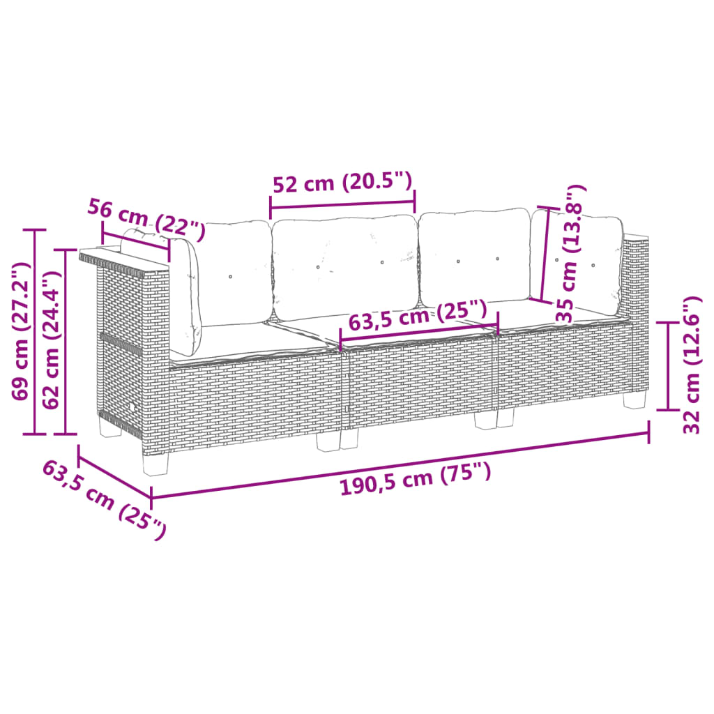 Divano da Giardino con Cuscini a 3 Posti Beige in Polyrattan