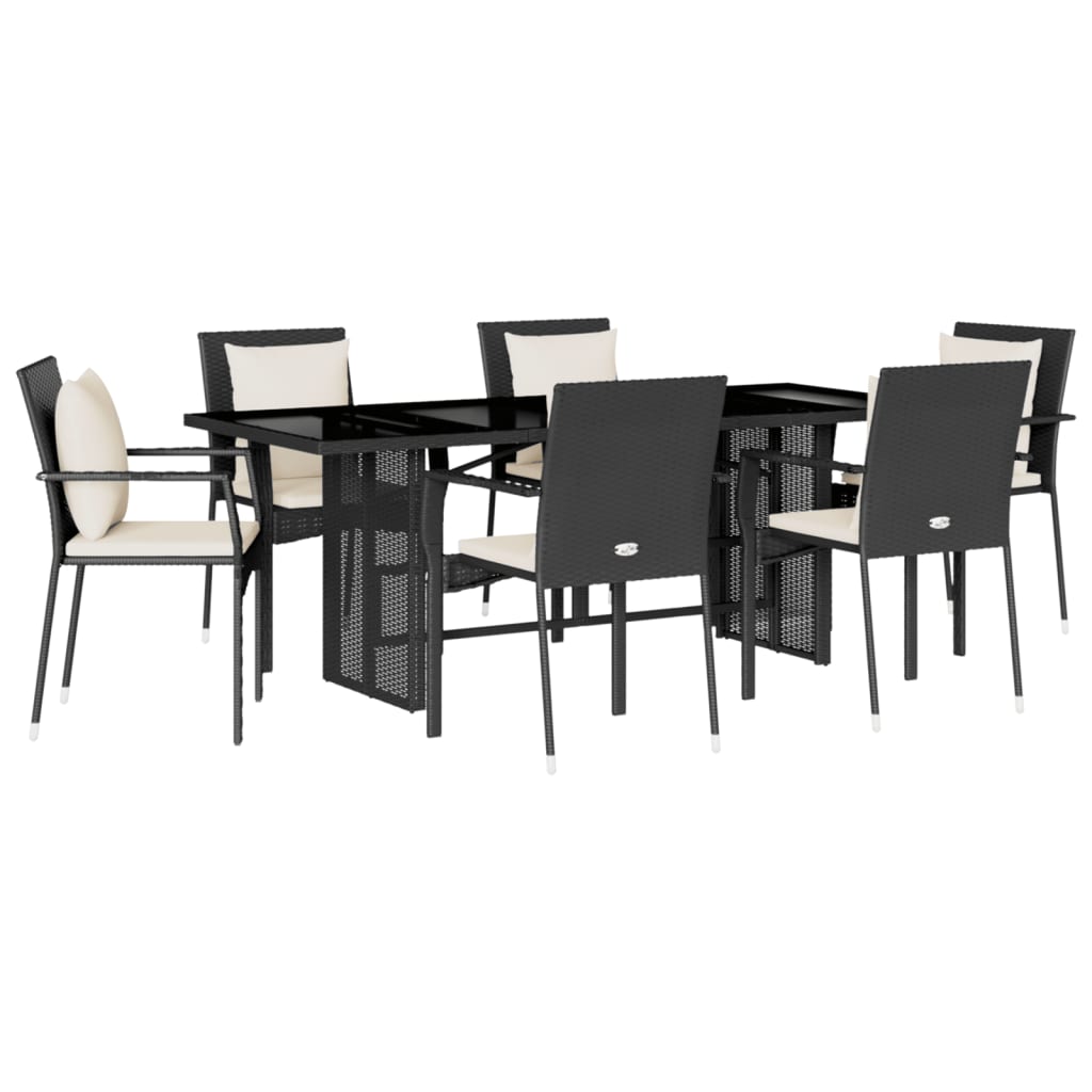 Set da Pranzo da Giardino 7 pz Nero con Cuscini in Polyrattan