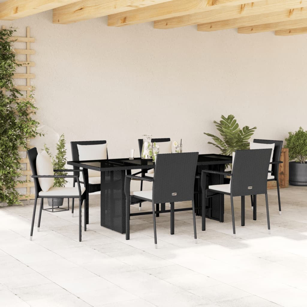 Set da Pranzo da Giardino 7 pz Nero con Cuscini in Polyrattan