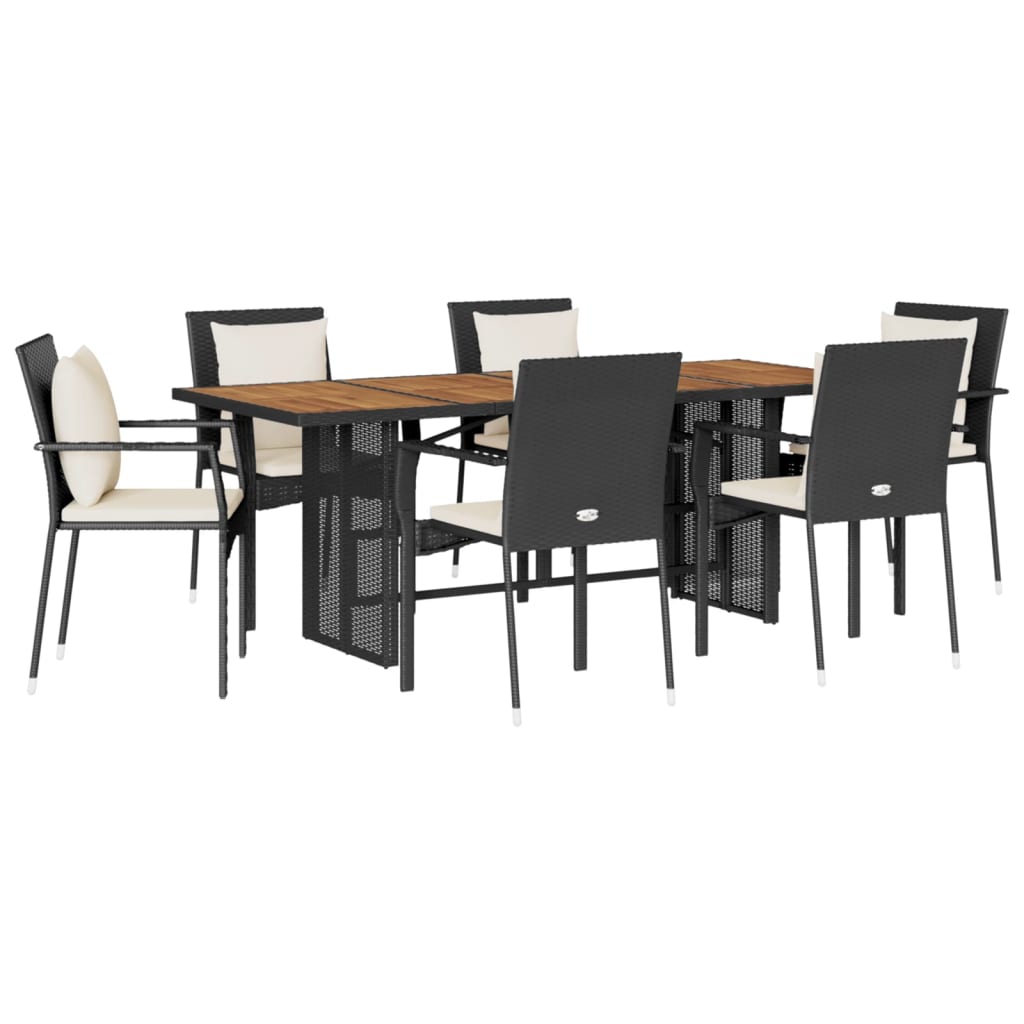 Set da Pranzo da Giardino 7 pz Nero con Cuscini in Polyrattan