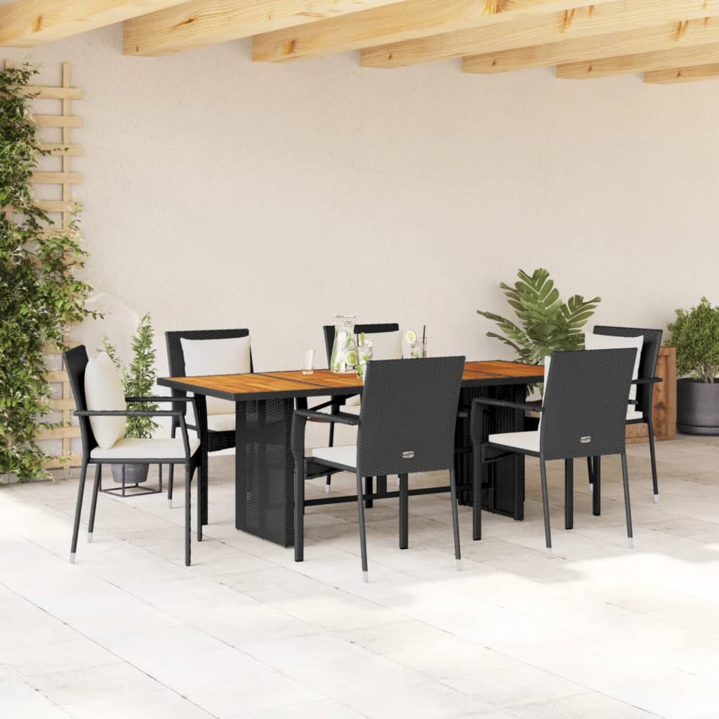 Set da Pranzo da Giardino 7 pz Nero con Cuscini in Polyrattan