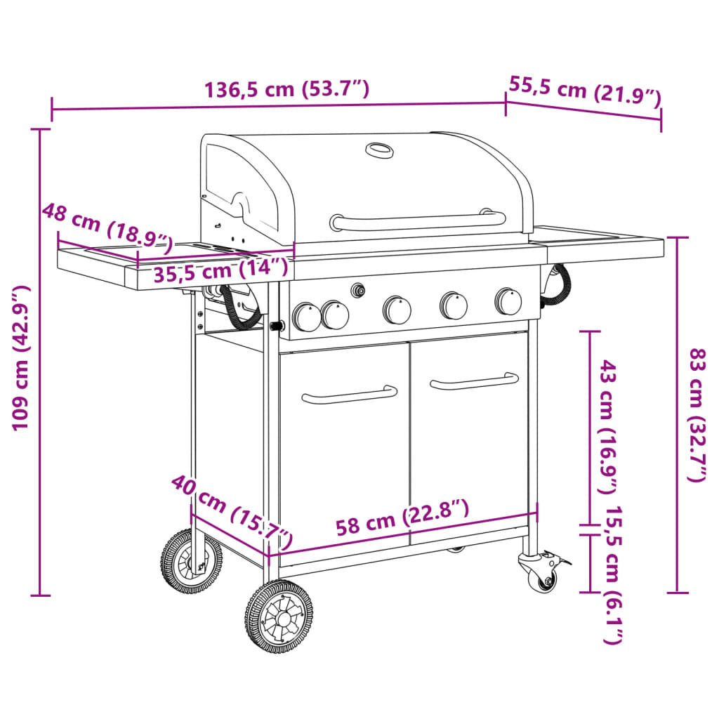 Griglia Barbecue a Gas con 5 Bruciatori Nero in Acciaio