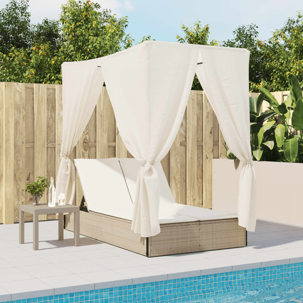 Lettino Prendisole con Tetto e Tende Beige in Polyrattan