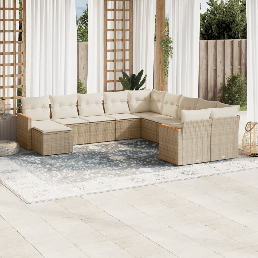 Set Divani da Giardino 11 pz con Cuscini Beige in Polyrattan