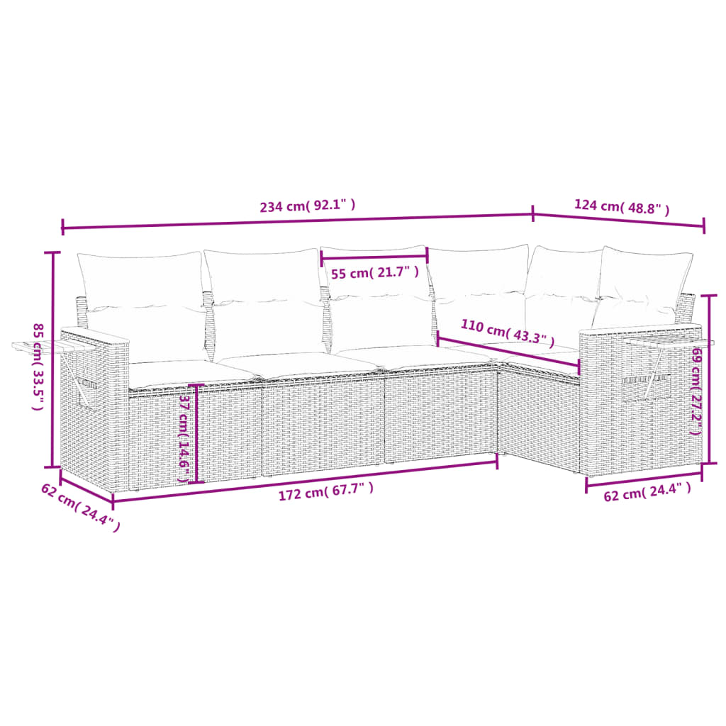 Set Divano da Giardino 5 pz con Cuscini Beige in Polyrattan