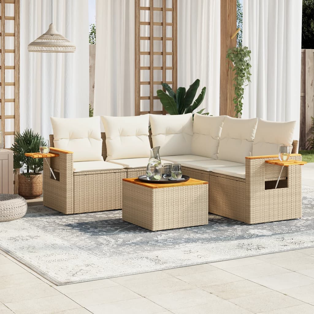 Set Divano da Giardino 6 pz con Cuscini Beige in Polyrattan