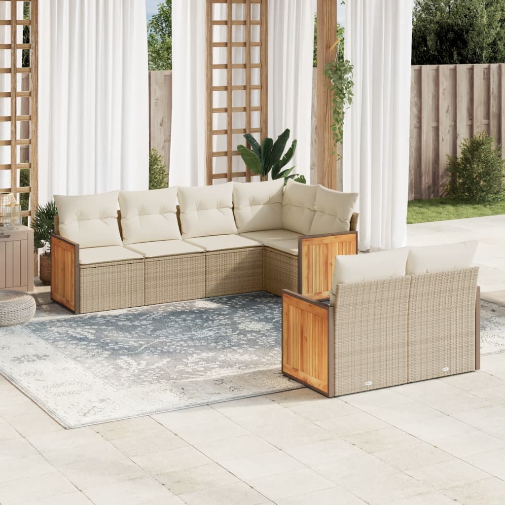 Set Divani da Giardino 7 pz con Cuscini Beige in Polyrattan