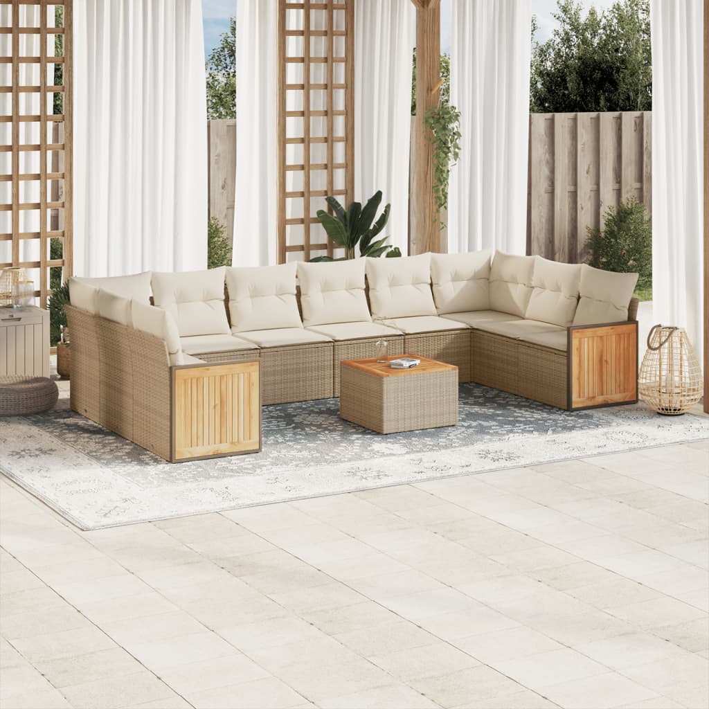 Set Divani da Giardino 11 pz con Cuscini Beige in Polyrattan