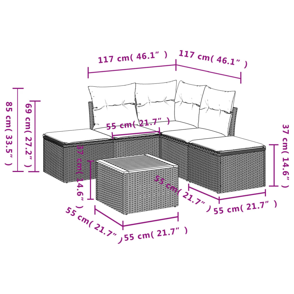 Set Divano da Giardino 6 pz con Cuscini Beige in Polyrattan