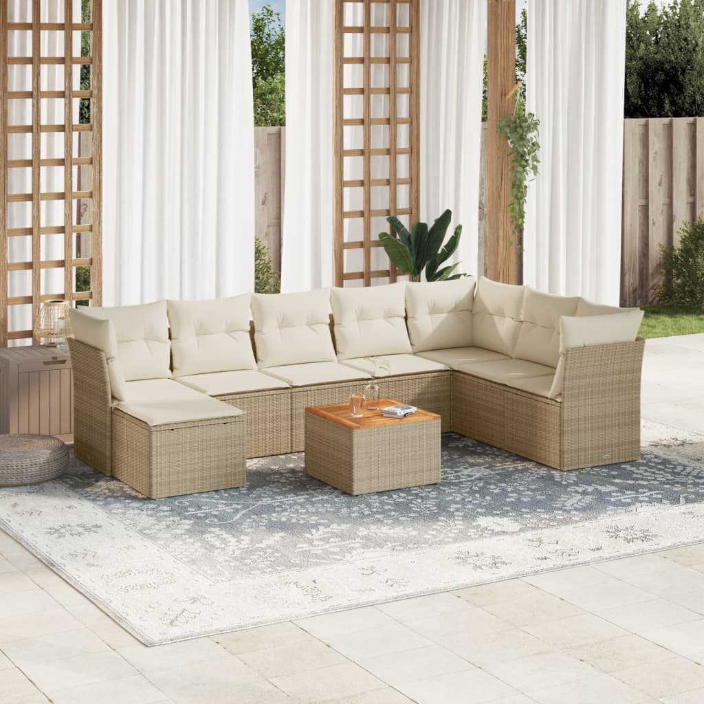 Set Divano da Giardino 9 pz con Cuscini Beige in Polyrattan