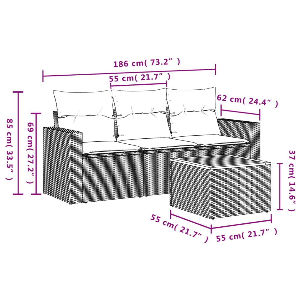 Set Divani da Giardino 4 pz con Cuscini in Polyrattan Grigio