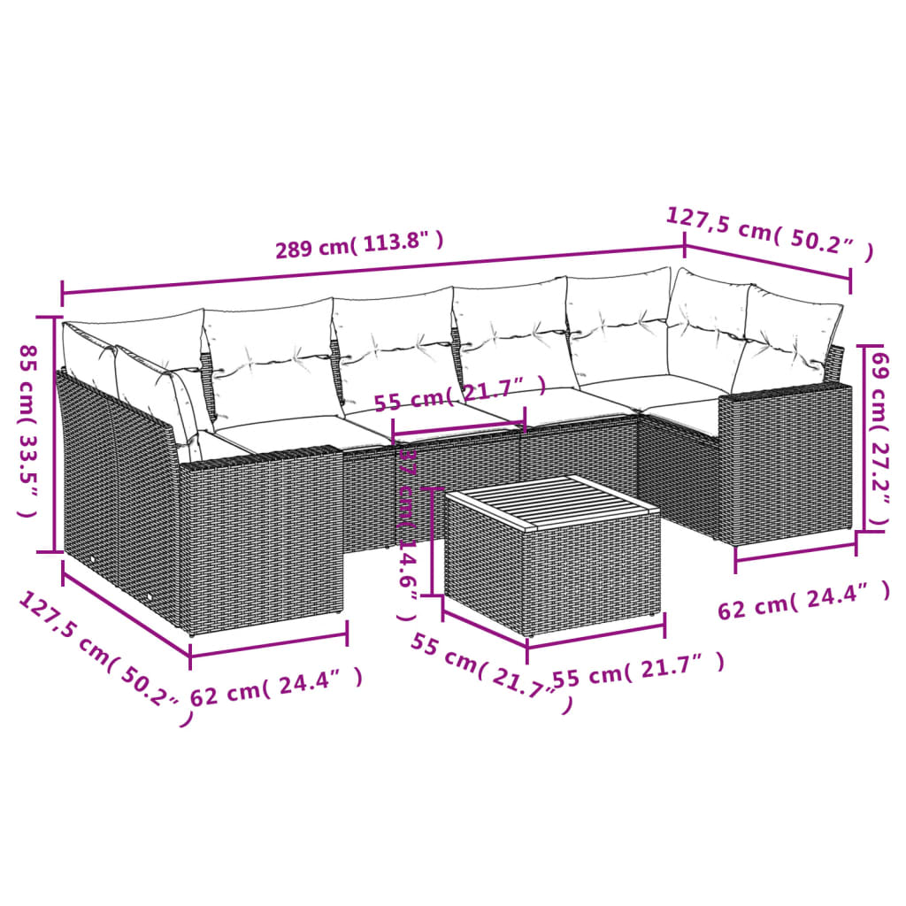 Set Divano da Giardino 8 pz con Cuscini Grigio in Polyrattan