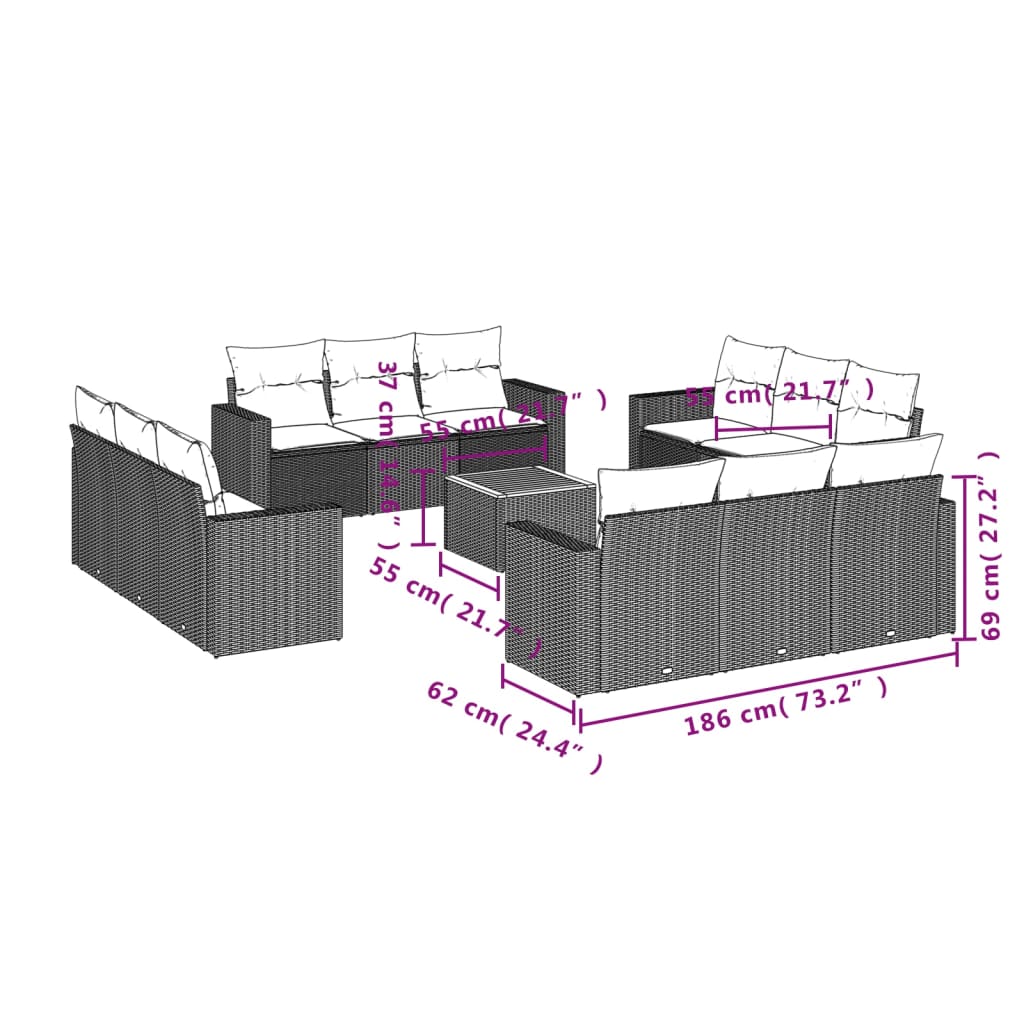 Set Divani da Giardino 13 pz con Cuscini Grigio in Polyrattan