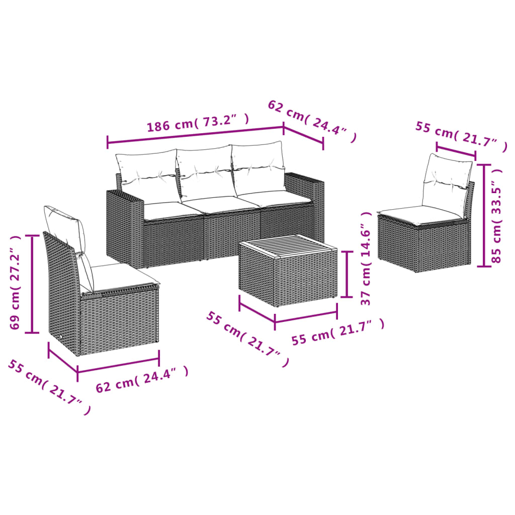 Set Divano da Giardino 6 pz con Cuscini Grigio in Polyrattan