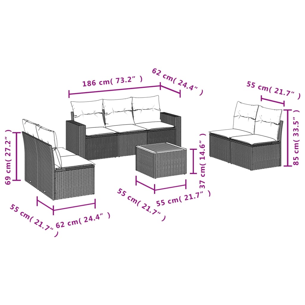 Set Divano da Giardino 8 pz con Cuscini Grigio in Polyrattan