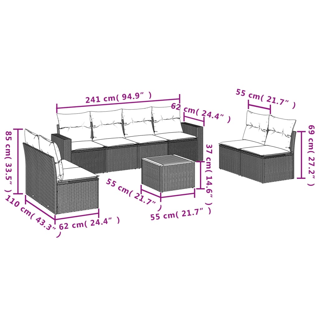 Set Divano da Giardino 9 pz con Cuscini Grigio in Polyrattan