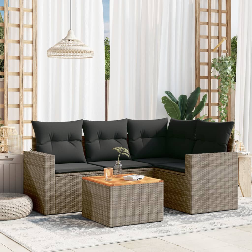 Set Divano da Giardino 5 pz con Cuscini Grigio in Polyrattan