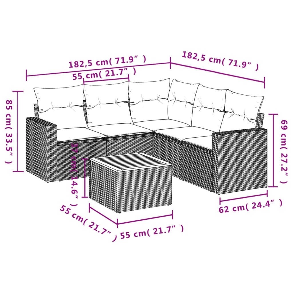 Set Divano da Giardino 6 pz con Cuscini Grigio in Polyrattan