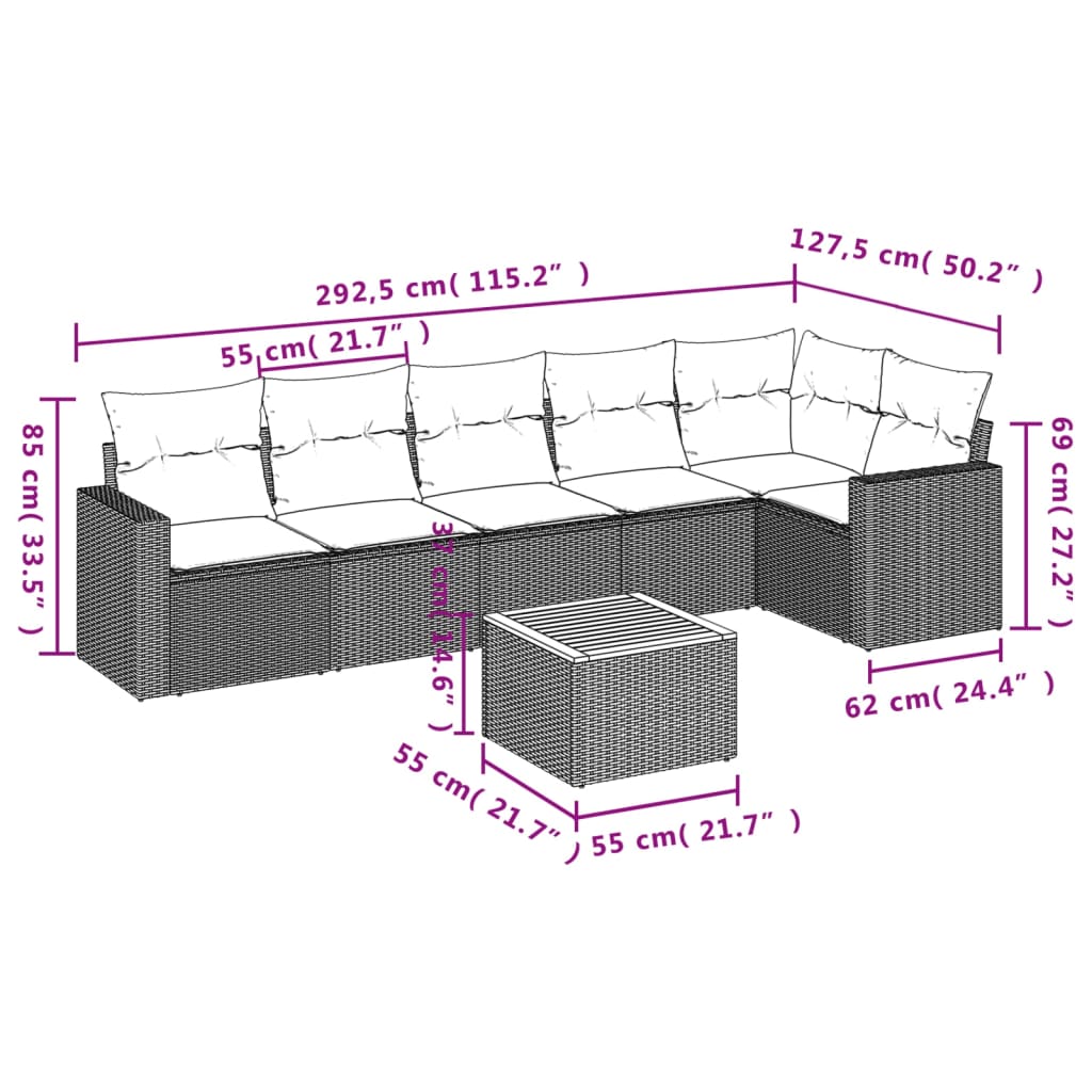 Set Divani da Giardino 7 pz con Cuscini Grigio in Polyrattan