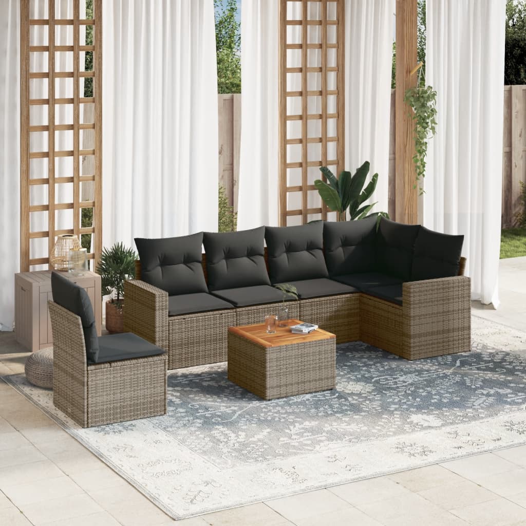 Set Divani da Giardino 7 pz con Cuscini Grigio in Polyrattan