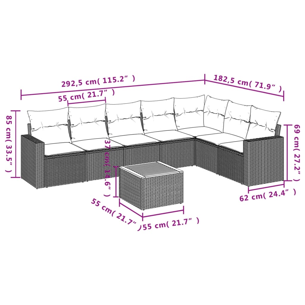 Set Divano da Giardino 8 pz con Cuscini Grigio in Polyrattan