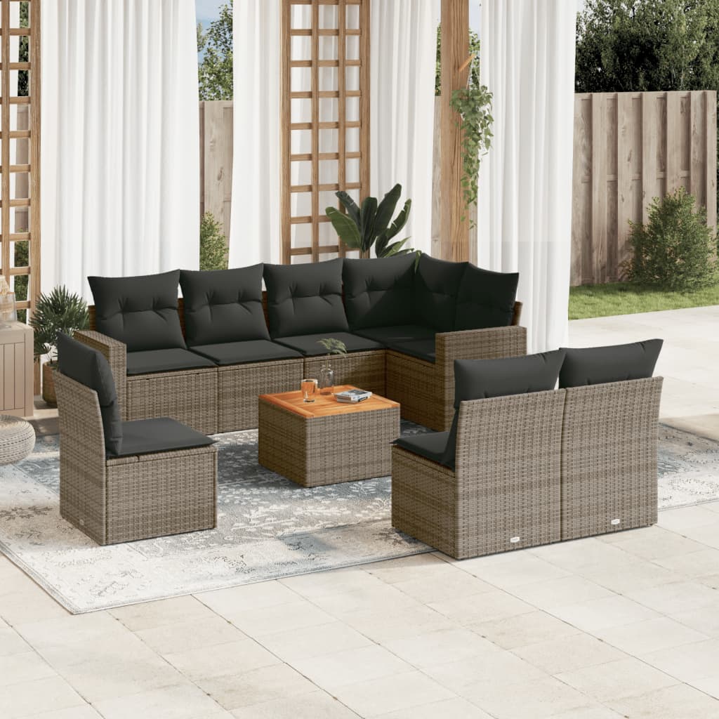 Set Divano da Giardino 9 pz con Cuscini Grigio in Polyrattan