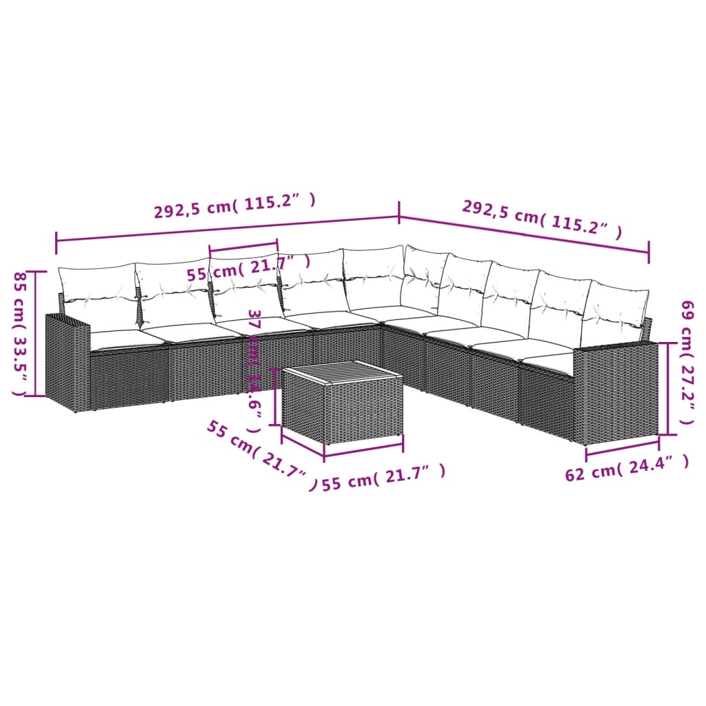 Set Divano da Giardino 10 pz con Cuscini Grigio in Polyrattan