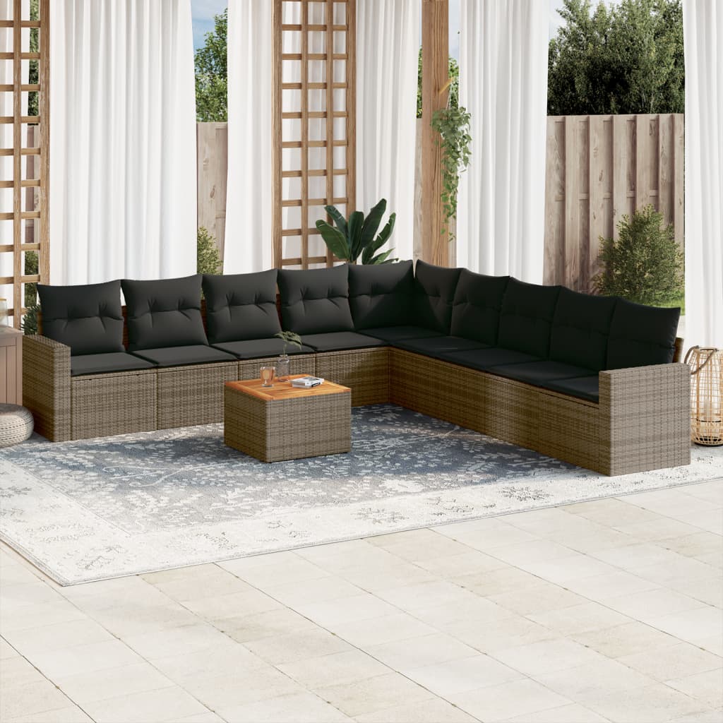 Set Divano da Giardino 10 pz con Cuscini Grigio in Polyrattan