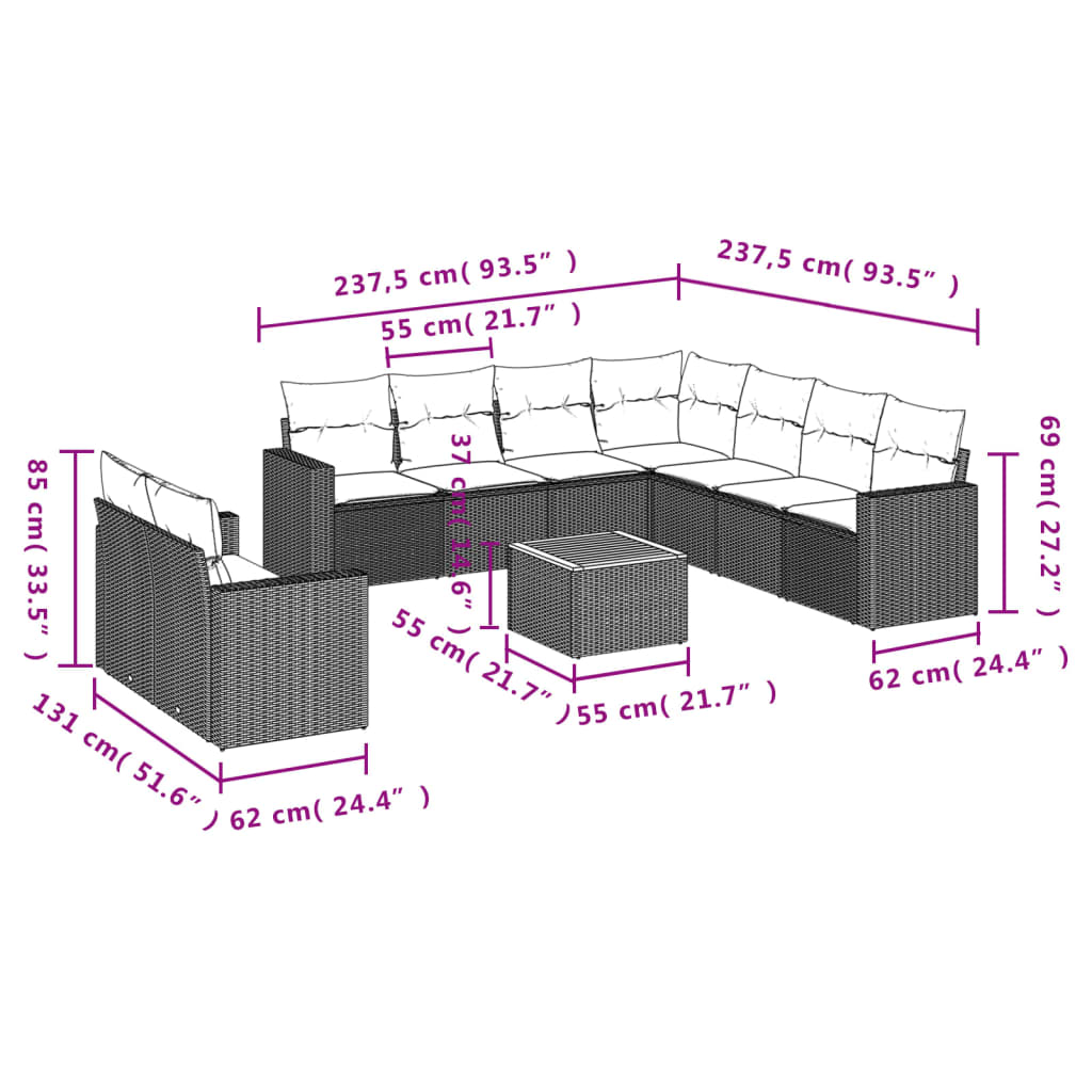 Set Divano da Giardino 10 pz con Cuscini Grigio in Polyrattan