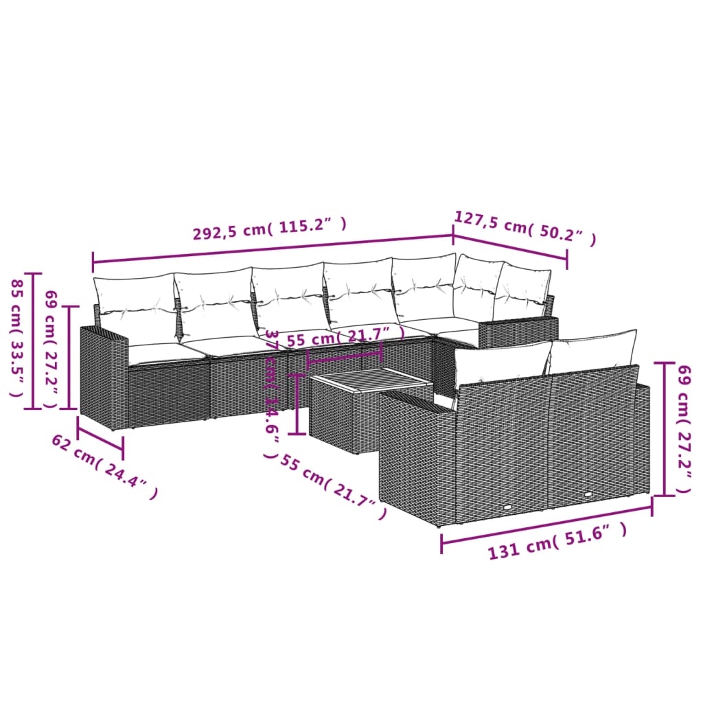 Set Divano da Giardino 9 pz con Cuscini Grigio in Polyrattan