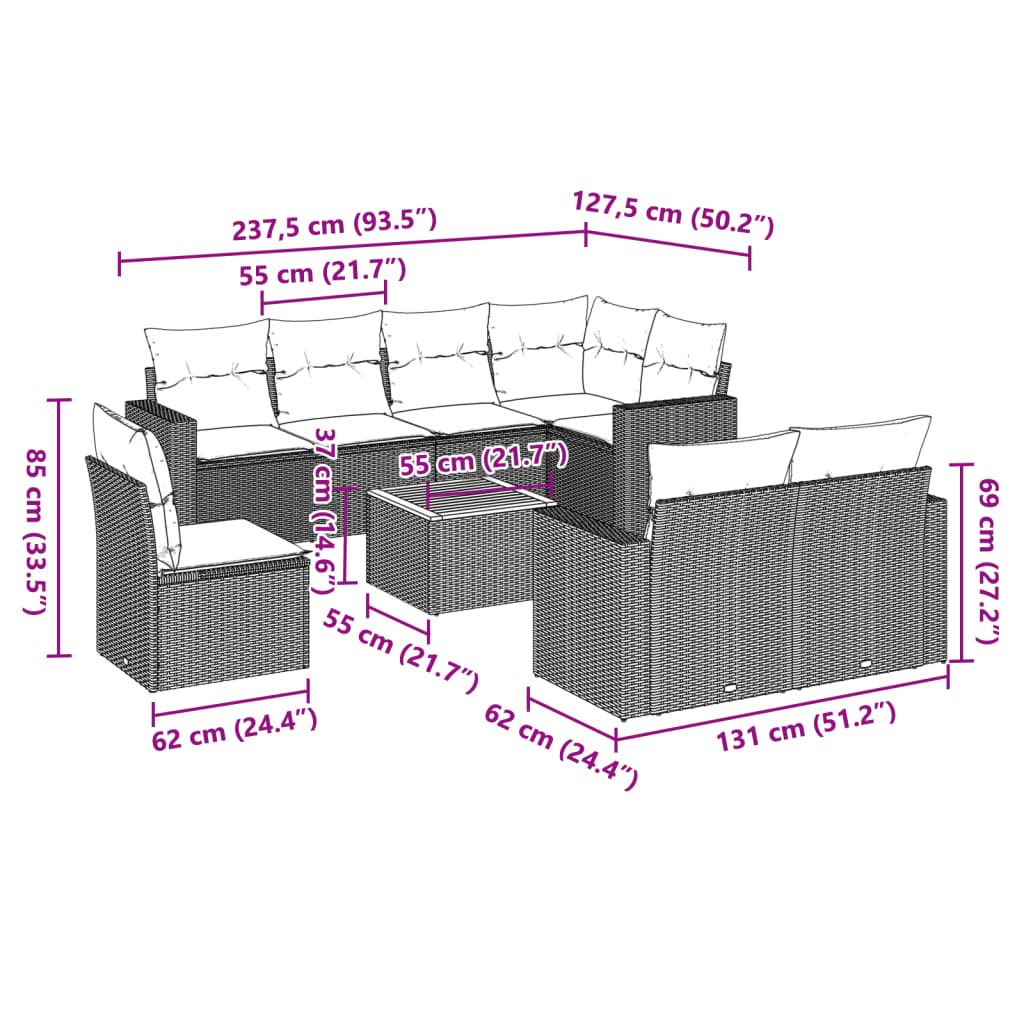 Set Divano da Giardino 9 pz con Cuscini Grigio in Polyrattan