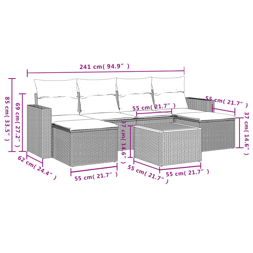 Set Divani da Giardino 7 pz con Cuscini Grigio in Polyrattan