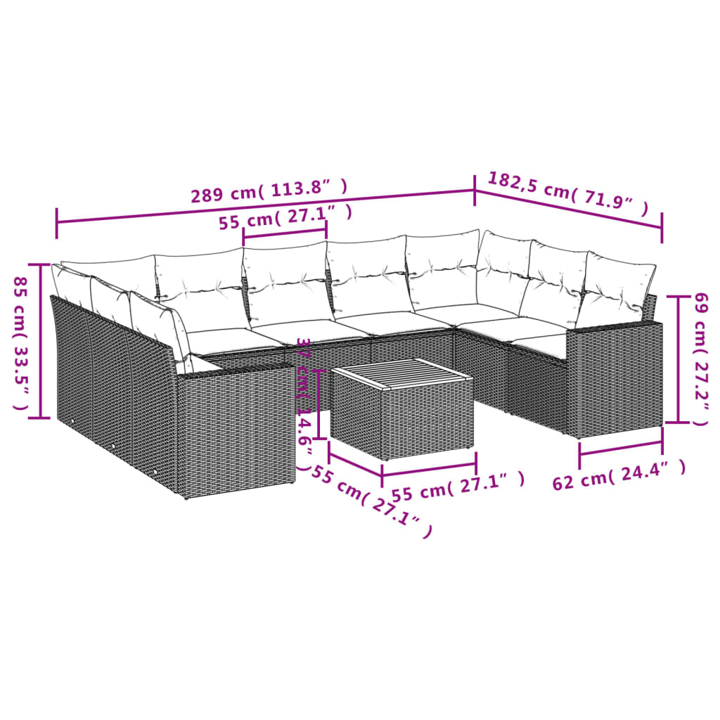 Set Divano da Giardino 10 pz con Cuscini Grigio in Polyrattan