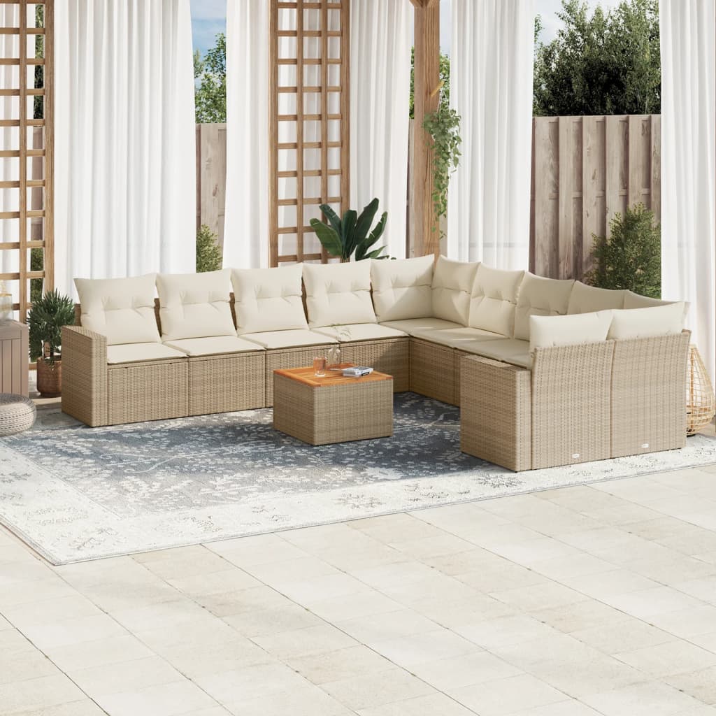 Set Divani da Giardino 11 pz con Cuscini Beige in Polyrattan